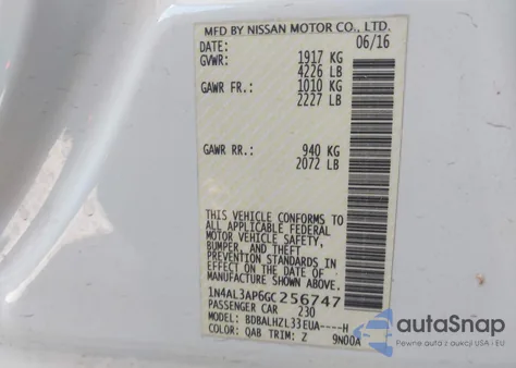 2016 Nissan Altima 2.5 Sr z USA, uszkodzony, nr VIN 1N4AL3AP6GC256747